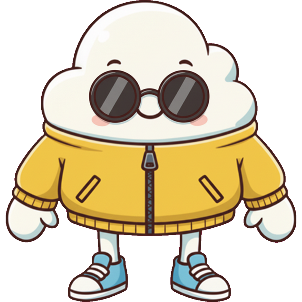 Plumi the cloud mascot wearing a yellow jacket and sunglasses